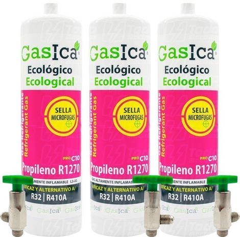3 Botellas Gas refrigerante gasica C10 compatible con R32 R410A válvula incluida (1/5)