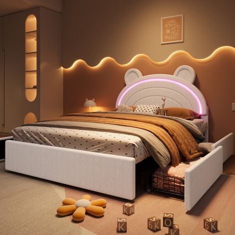 Lit enfant 140x200 cm en velours beige, 4 tiroirs LED, gain de place, sans matelas – MEUBLIV (1/5)