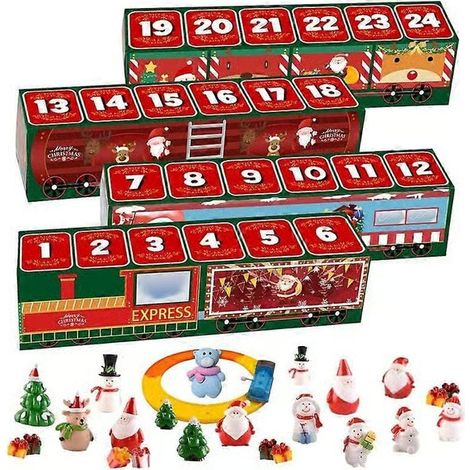 Calendrier de l'Avent miniature en forme de train de Noël avec compte à rebours, Père Noël, bonhomme de neige et sapin. Figurines miniatures. (1/5)
