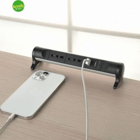 Electraline 61914 Multipresa Scrivania Alu-Line di Design 2 Posti 10/16A + 2 porte USB 2.1A, Cavo 1.5M, Nero