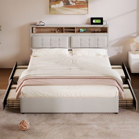 Letto matrimoniale con 4 cassetti e porta USB C, letto imbottito 140x200 cm, testiera regolabile in altezza, rete a doghe in legno (materasso non incluso)