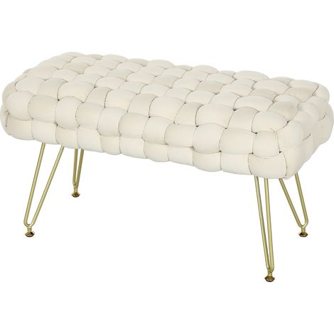 Sitzhocker, Polsterbank mit Samtoptik, Fußbank mit gepolstertem Sitz, Metallbeine, Fußstütze, für Wohnzimmer, Schlafzimmer, 76 x 38 x 41,5 cm, Cremeweiß