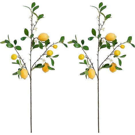 [Branche de citronniers et romarin à 6 têtes] 2 branches de citronniers artificielles avec fruits, décoration fraîche et simple pour la maison ou l'hôtel, ornement pour composition florale (1/3)