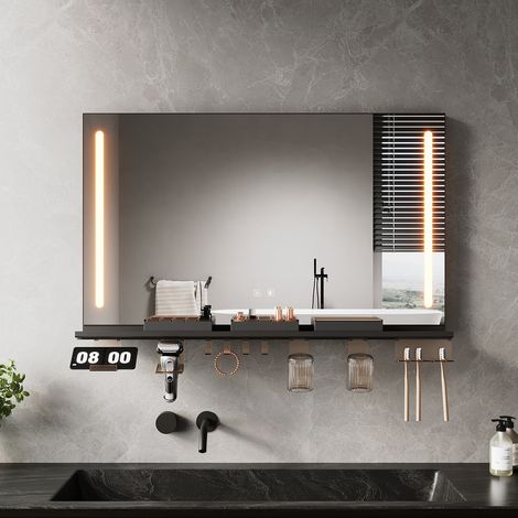 SIRHONA Anti-Fog Mirror lumineux de salle de bain with avec support de rangement, réglable en 3 couleurs, élégant et pratique, 100x60cm (1/5)