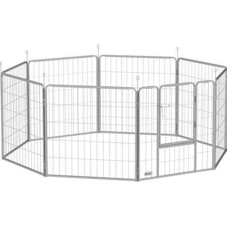 Recinto per cani a 8 pannelli in acciaio, 80 cm, con porta e cinghia, argento (1/5)