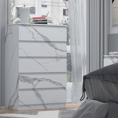 ZITA White Marble Effect 5 Drawer Chest - Modern Storage Unit, Stylish Bedroom Storage