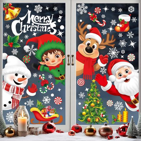 27stickers Noël réutilisables : Père Noël et flocons pour chambre, vitrine ou porte (1/4)