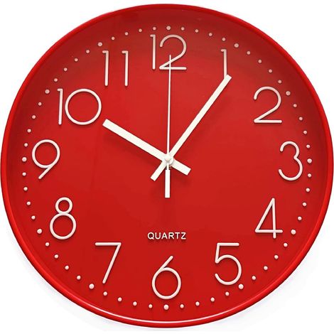 Lntyq 30cm Grand Horloge Murale Ronde silencieuse Moderne Horloge Murale à Quartz sans tic-tac pour Chambre à Coucher Salon Bureau Salle de Classe, Horloge Cuisine Simple numérique à Piles, Rouge