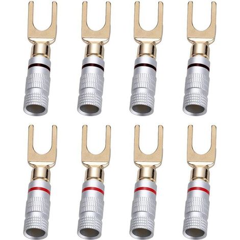 8 Pièces 24K or Y Plug U fourche fiche banane 45 degrés vis pelle connecteur pour haut-parleur fil bricolage, résistant à la corrosion, 4 noir et 4 rouge (1/4)