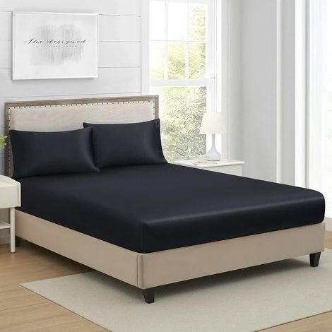 Drap Housse 140 X 200cm Satin Noir Bonnet Microfibre Motif Drap de lit Soie Drap-Housse 140 X 200cm Uni Lisse Respirant pour Matelas Épais (1/5)