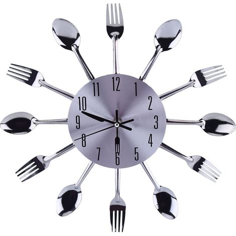 YMYNY Wanduhr Küchenutensilien Löffel Gabel Wanduhr 3D Spiegeloberfläche Silber Modernes Design Abnehmbares Kreatives Besteck Schlafzimmer Wohnkultur (1/5)