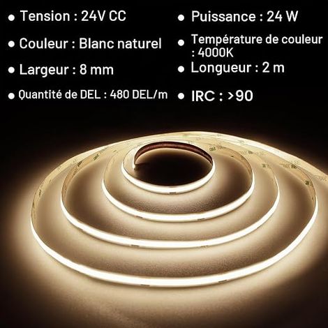 Ruban LED COB 2M, Bandeau LED 4000K et Télécommande, DC24V, 480LEDs/M, Largeur 8mm, Ruban LED 2m Blanc Naturel pour Chambre (1/3)