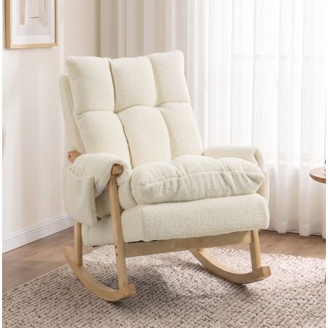 Chaise berçante 104x77x93 cm en flanelle neige blanc crème, 2 poches pour salon FloraGrace (1/5)