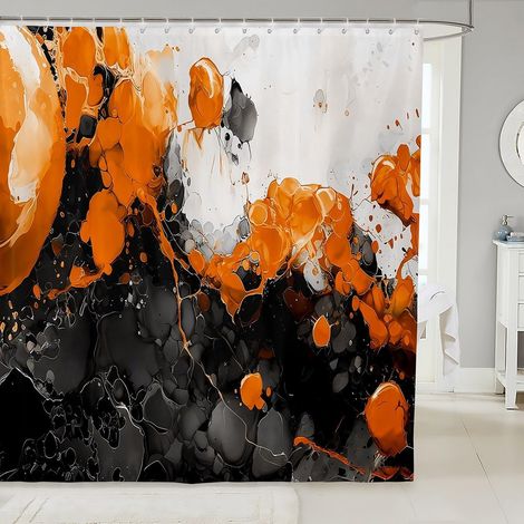 Rideau Douche 180x200cm Art Abstrait,Rideaux de Douche Orange,Rideau de Baignoire Art Fluide d'encre de Texture de Marbre Ombre,Rideaux Salle de Bain Marbrage Noir Gradient - 180L X 200H cm (1 Panneau (1/5)