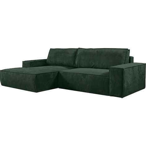 Vente-Unique – Canapé d'angle gauche convertible 4 places en velours côtelé vert sapin – Coffre de rangement – Dossier déhoussable – Mousse polyuréthane