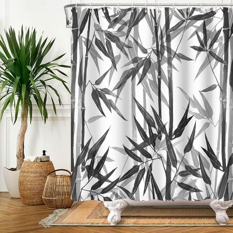 180x180cm Rideau De Douche en Bambou Noir Et Blanc Peinture à L'Encre Vintage Plante Feuilles De Bambou Rideau De Bain Jungle Naturelle Rideaux De Douche (1/5)