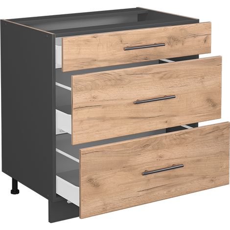 Mobiletto base per cucina Fame-Line, Rovere dorato, 80 cm con 3 cassetti, senza piano di lavoro, Vicco