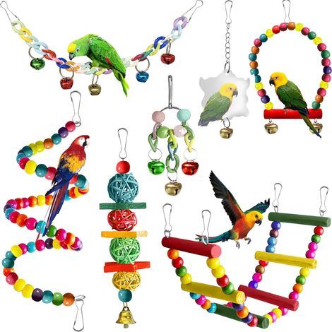 7-Piece Parrot Toy Set: Swing, Ladder, Bell, Mirror, Wood and ABS, for Birdcage (1/5)
