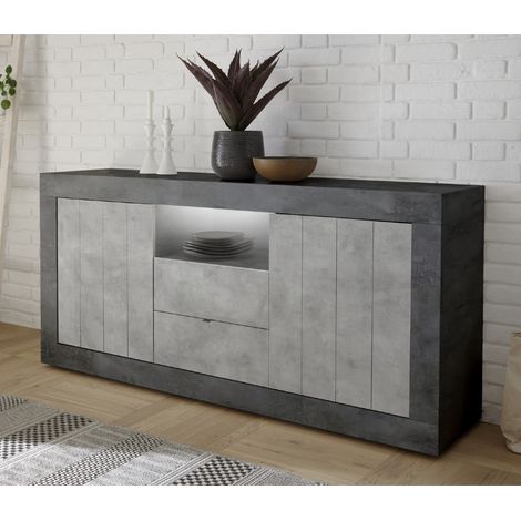 Buffet moderne 185cm gris oxyde et gris béton – 2 portes et 2 tiroirs – Espace de rangement optimisé – Pour salle à manger contemporaine (1/5)