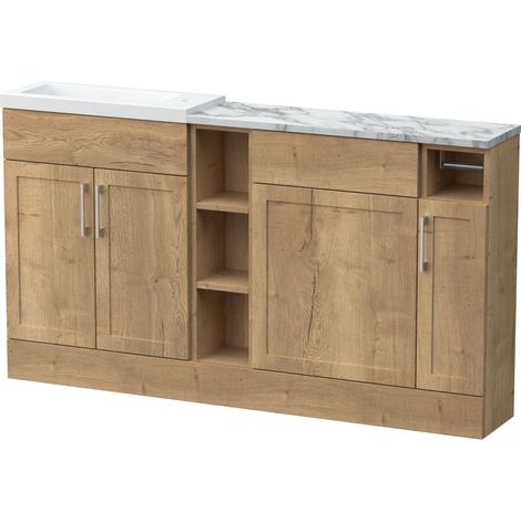 Pirehill Traditional Floor Standing Compact 3 Door Vanity Basin WC Combination Unit with Basin and Worktop, 1500mm, Autumn Oak