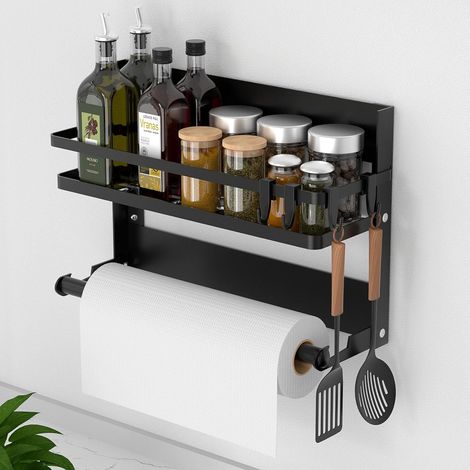 1 - Étagère de réfrigérateur - Porte-épices mural - Pliable et sans perçage avec porte-rouleau et crochets pour cuisine ou salle de bain - Argent - 30x21x11cm