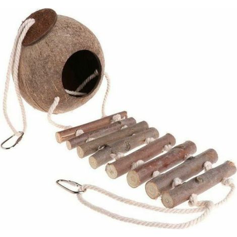 Nid d'oiseau naturel en noix de coco avec échelle, cage pour perroquet, volière de coco, accessoire pour oiseaux (1/4)