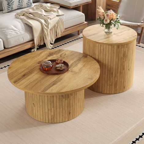Hauss Spole – Table basse gigogne ronde – MDF naturel – Dimensions 75x75x36 cm et 50x50x50,5 cm – Coins arrondis pour sécurité – Design modulable