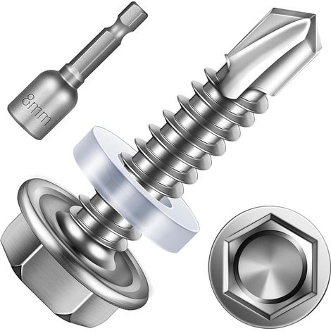 Lot de 25 vis auto-taraudeuses de 5,5 x 25 mm - Vis auto-taraudeuses à tête hexagonale en acier inoxydable - Vis à tôle trapézoïdale avec rondelle d'étanchéité et clé à douille hexagonale (1/5)