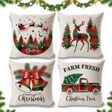 Juego de 4 fundas de cojín navideñas, 45x45 cm, funda de almohada navideña, funda de almohada navideña de algodón y lino, funda de almohada decorativa navideña, funda de almohada navideña, funda de al (1/5)