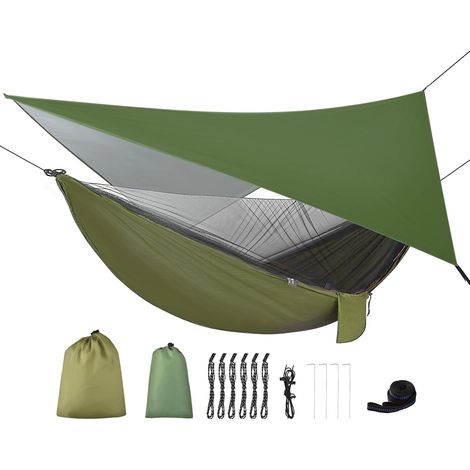 Tragbare, doppellagige Camping-Hängematte aus Nylon mit wasserdichtem Segeltuch und integriertem Moskitonetz, inklusive Baumgurten, ideal zum Wandern, Reisen und für die Terrasse. (1/5)