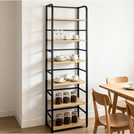 Scaffale libreria 50x30x176 cm a 6 ripiani, dispositivo antiribaltamento, MDF e metallo, nero e rovere chiaro (1/4)