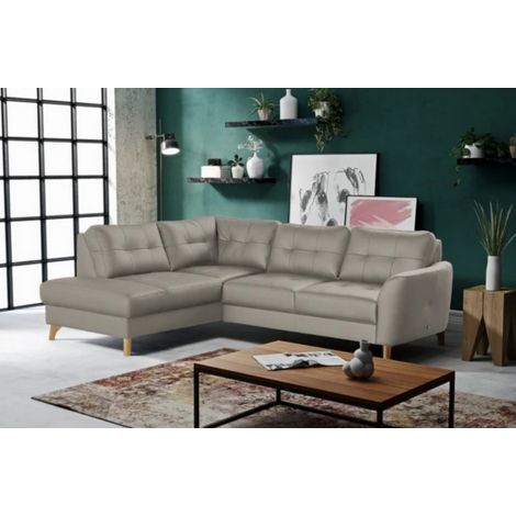 Canapé d'angle convertible en cuir italien de luxe 5 places NORIA avec coffre, gris clair, angle gauche (1/5)