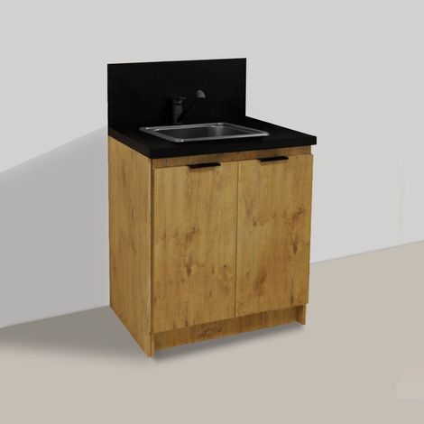 Inoval – Kitchenette chêne golden 80cm – Évier inox rectangulaire 39x45cm – Mitigeur noir avec bec orientable – Meuble bas mélaminé 16mm (1/4)
