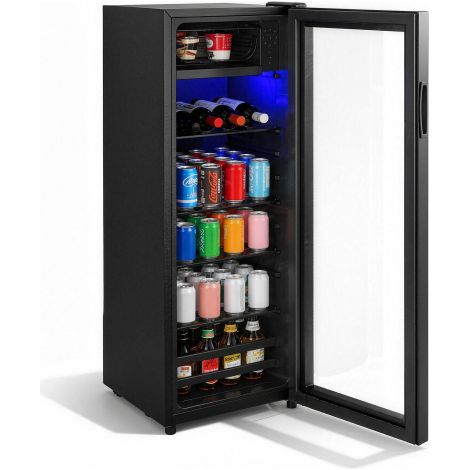 Getränkekühlschrank 128L mit Gefrierfach 40 x 43,5 x 110,8 cm, Kompressor Kühlschrank mit Glastür, 94 Dosen, LED, freistehend