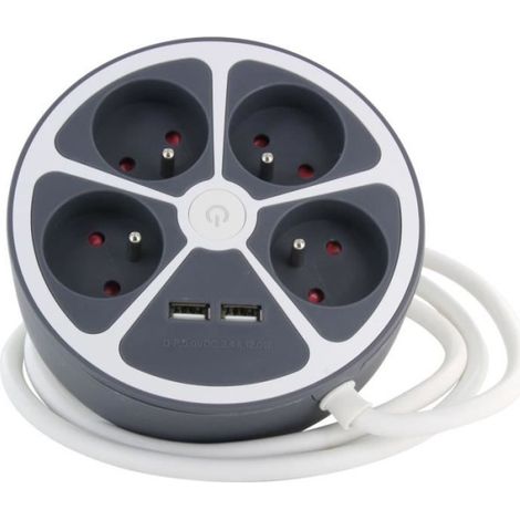 Bloc cercle - CHACON - 4 x16 A + 2 USB-1 - 1,5 m - (FR) - Gris (1/5)
