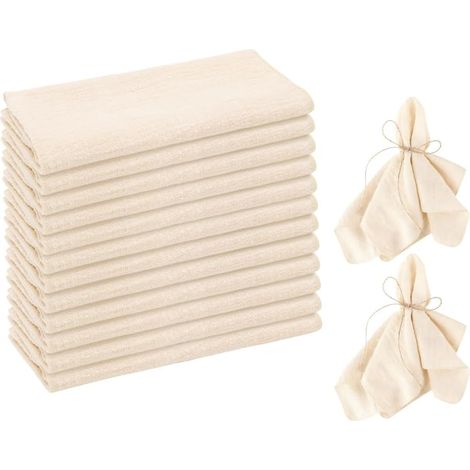 Lot de 12 serviettes en tissu beige, 45 x 45 cm, en lin, en coton, pour fêtes de famille, mariages, anniversaires (1/5)