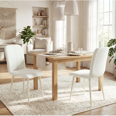 Juego de 2 sillas de comedor tapizadas con respaldo alto, efecto lino y patas de metal, blanco crema (1/5)