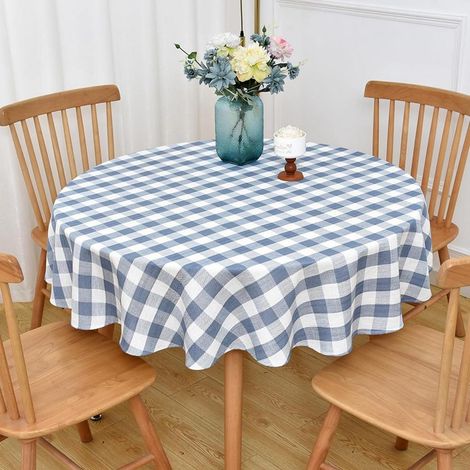 Tischdecke Rund 135cm Blau Weiß Kariert Abwaschbar Leinenoptik Baumwolle