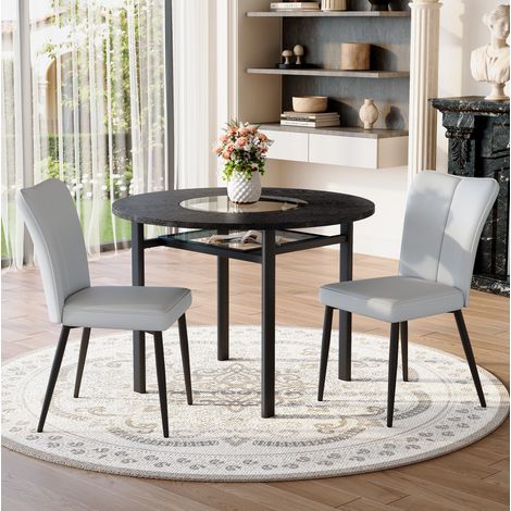 Conjunto mesa redonda 100 cm y 2 sillas PU gris claro con patas metálicas negras DESVIAE (1/5)