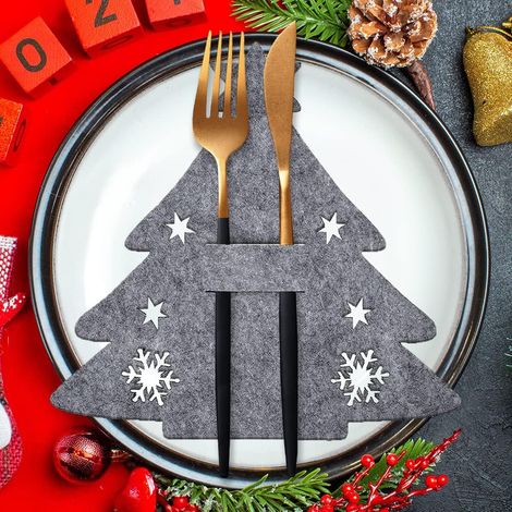 Porte Couverts en Feutre de Noël, 12 Pièces Sac à Couverts Sapin de Noël Paniers à Couverts Noël, Gris Couteaux Fourchettes Cuillères Vaisselle Sacs à Couverts pour Table de Fête Décoration de Noël (1/5)