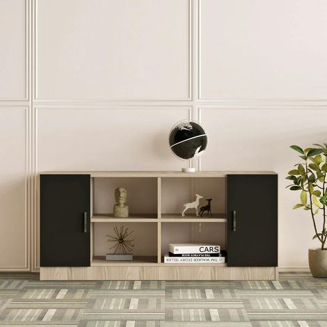 Meuble TV moderne décor bois 2 portes noires MARFA (1/5)