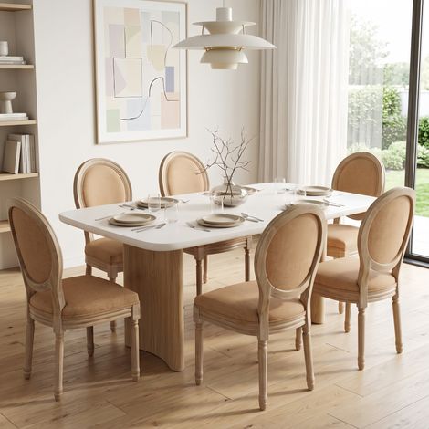 Lot de 6 Chaises Bois Massif - Dossier confortable Lin Rembourrée, finition vieillie - style campagnard, Marron (1/5)