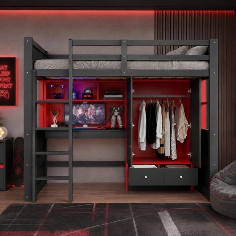 Lit mezzanine enfant 90 x 200 cm avec bureau armoire tiroirs LED et prises échelle sécurisée style gaming bois massif Noir et rouge (1/5)