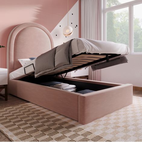 lit coffre 90x190 cm avec rangement velours rose HAVRYA (1/5)