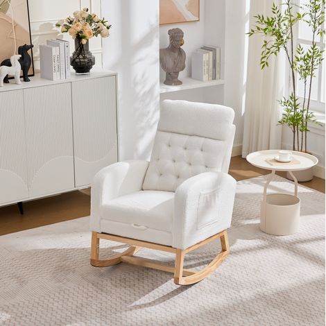 Fauteuil à bascule en bouclé blanc, repose-pied réglable, 65,6 x 123 x 102 cm HAVRYA (1/5)