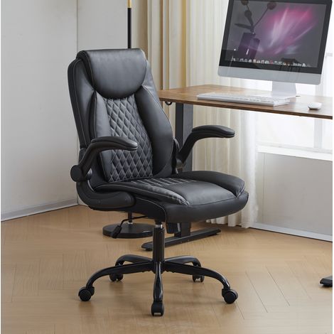 Sedia da Ufficio Ergonomica, Supporto Lombare, Braccioli Ribaltabili, Seduta Imbottita a Molle, Pelle Nera (1/5)
