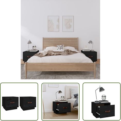 The Living Store Nachttische 2 Stk. Schwarz 40x34x35 cm Massivholz Kiefer - Nachttisch - Massivholzmöbel - Kiefernholz Möbel - Schwarze Möbel - Wohnzimmermöbel (1/5)
