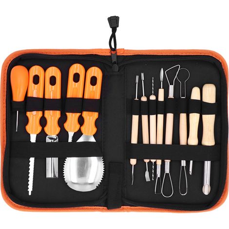 Kit de 14 outils pour sculpter les citrouilles, comprenant des couteaux à sculpter en acier inoxydable et un sac de rangement. (1/5)