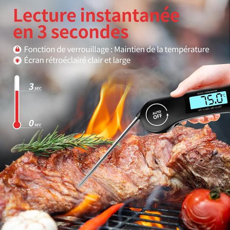 Thermometre Cuisine, 3s Lecture instantané Thermometre Cuisson, Thermomètre viande, avec Écran LCD et Auto On/Off, Sonde Pliable pour Cuisson, Viande, BBQ, Patisserie, Lait, Vin (Noir) (1/5)