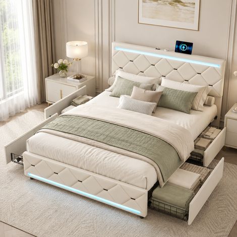 Lit 160x200 avec sommier led et usb, lit double avec 4 tiroirs et tête de lits rembourré, lits 2 personnes pour adultes et ados, blanc velours (1/5)